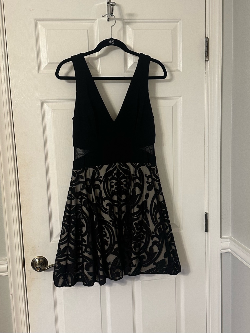 XSCAPE Black Mesh Velvet Fit & Flare Cocktail Dress Size 12 SO SEXY